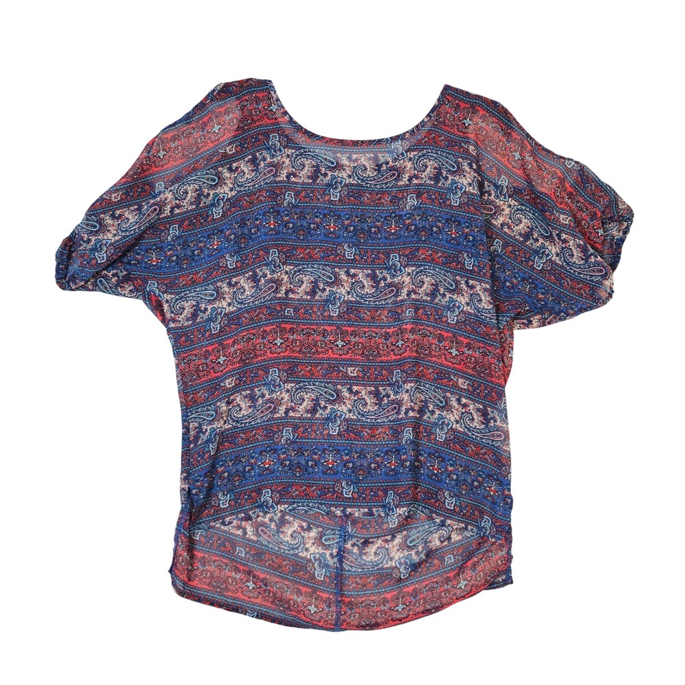 American Dream Womens Small Blue Red Paisley Print Dolman Sleeve High Low Blouse